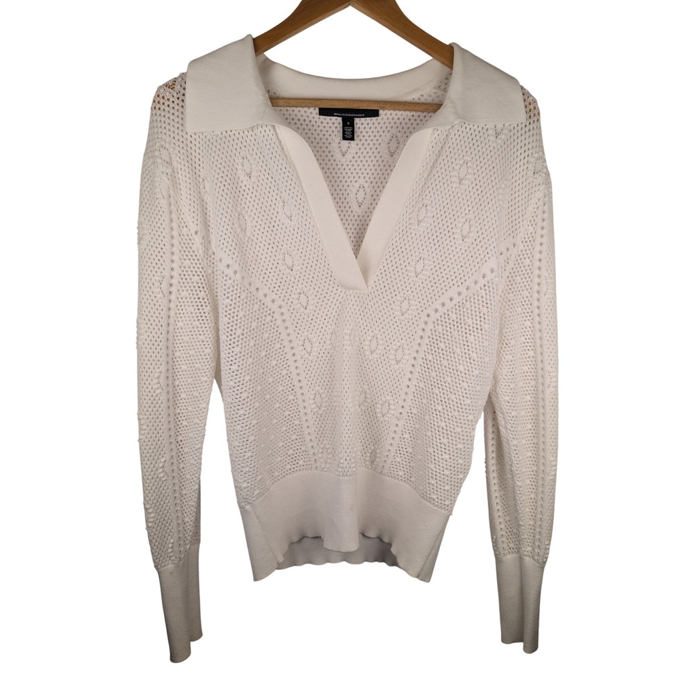 White House Black Market Womens White Pointelle Open Knit Polo Sweater Small